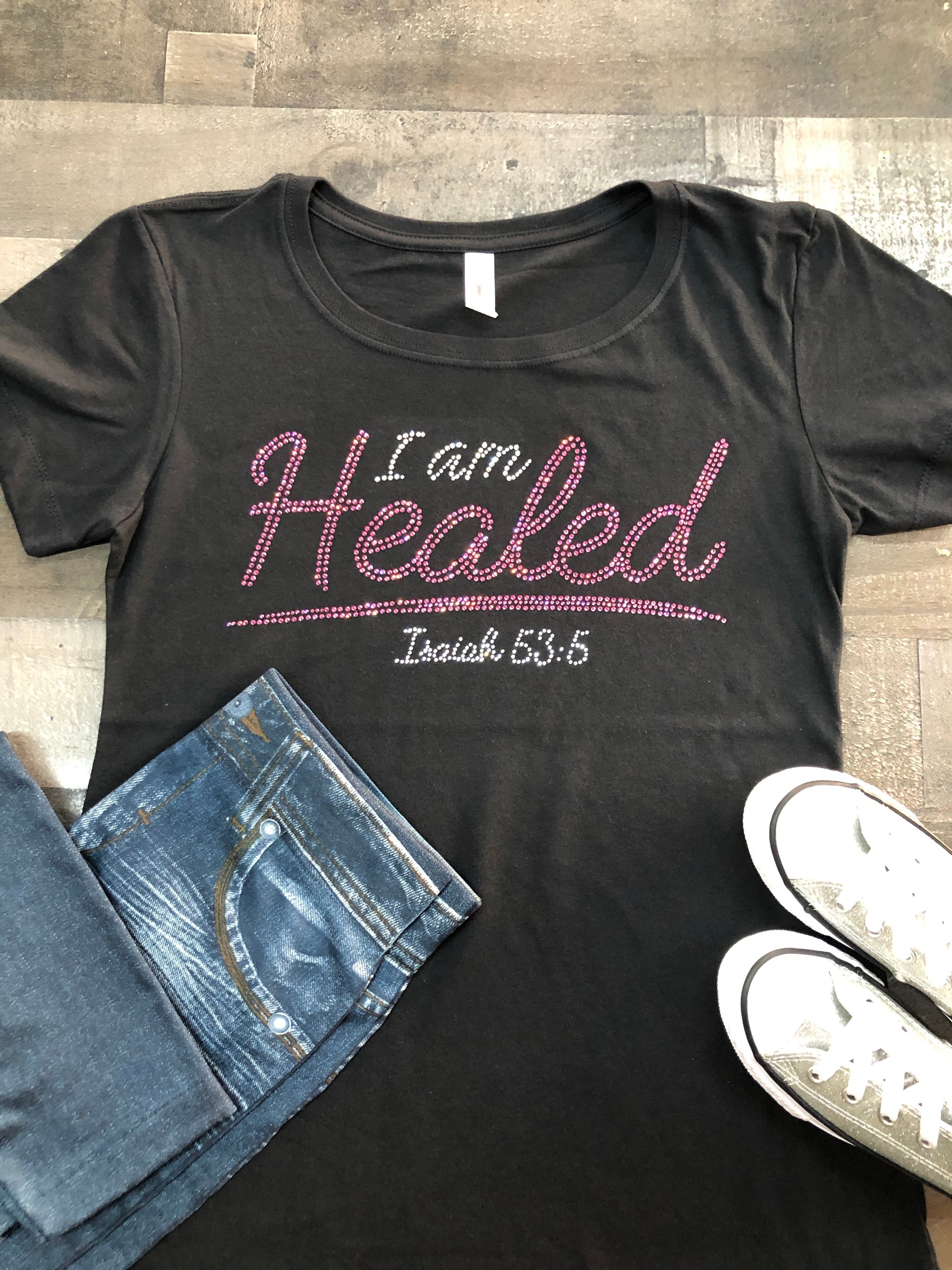 I Am Healed Bling Tee (Rose Pink/ Clear Stone)