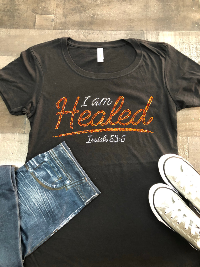 I Am Healed Bling Tee (Orange/ Clear Stone)